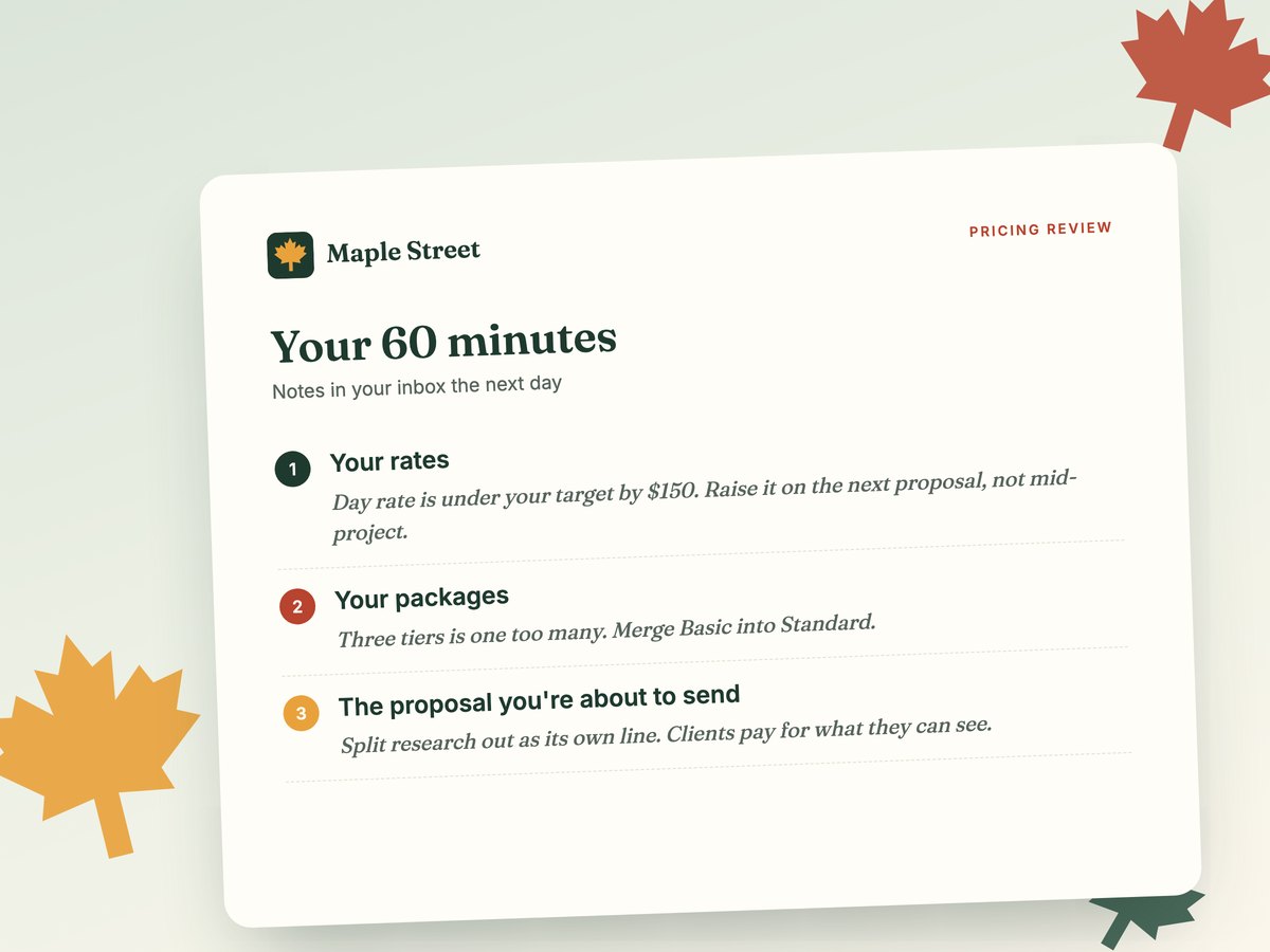 Pricing review notes in three parts: your rates, your packages, and the proposal you're about to send