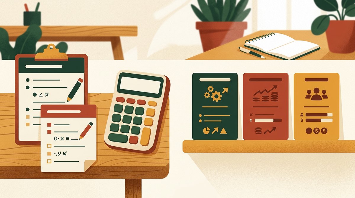 Illustration of a desk with a checklist, a calculator and three pricing cards