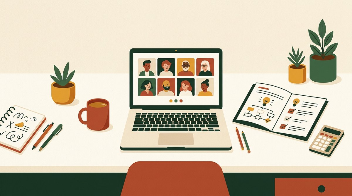Illustration of an online workshop: a laptop showing eight participants on a desk with a notebook, coffee and a calculator